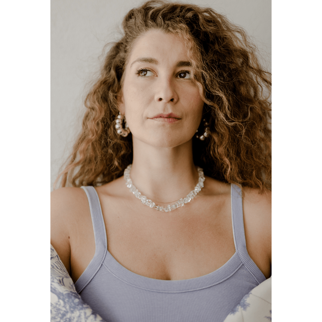 Woman wearing modern rock crystal necklace