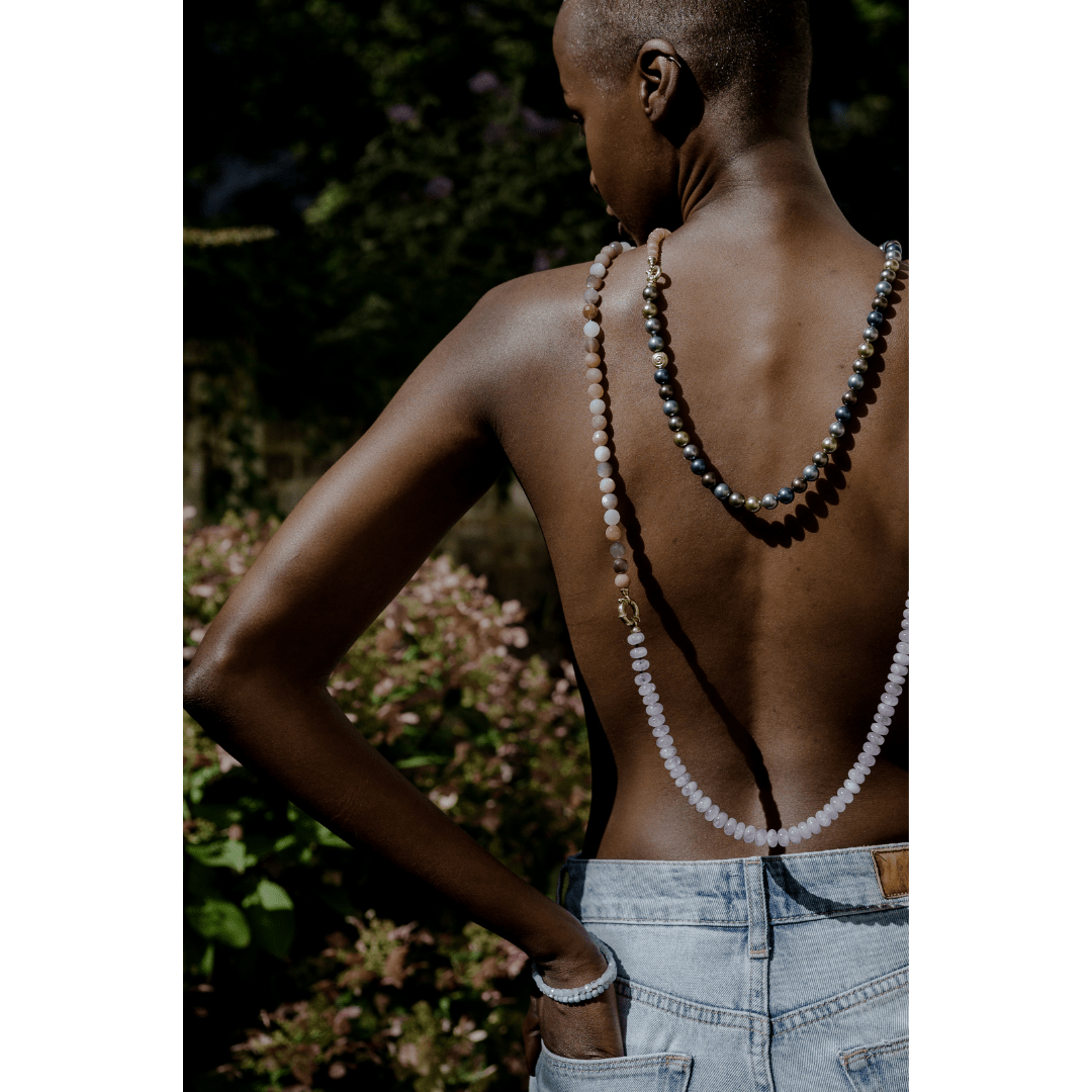 Freshwater pearl necklace worn on neck minimal style
