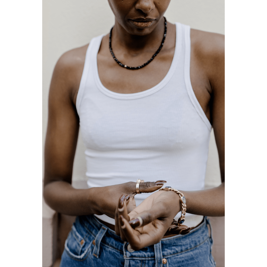 Black Spinel necklace worn on neck minimal style