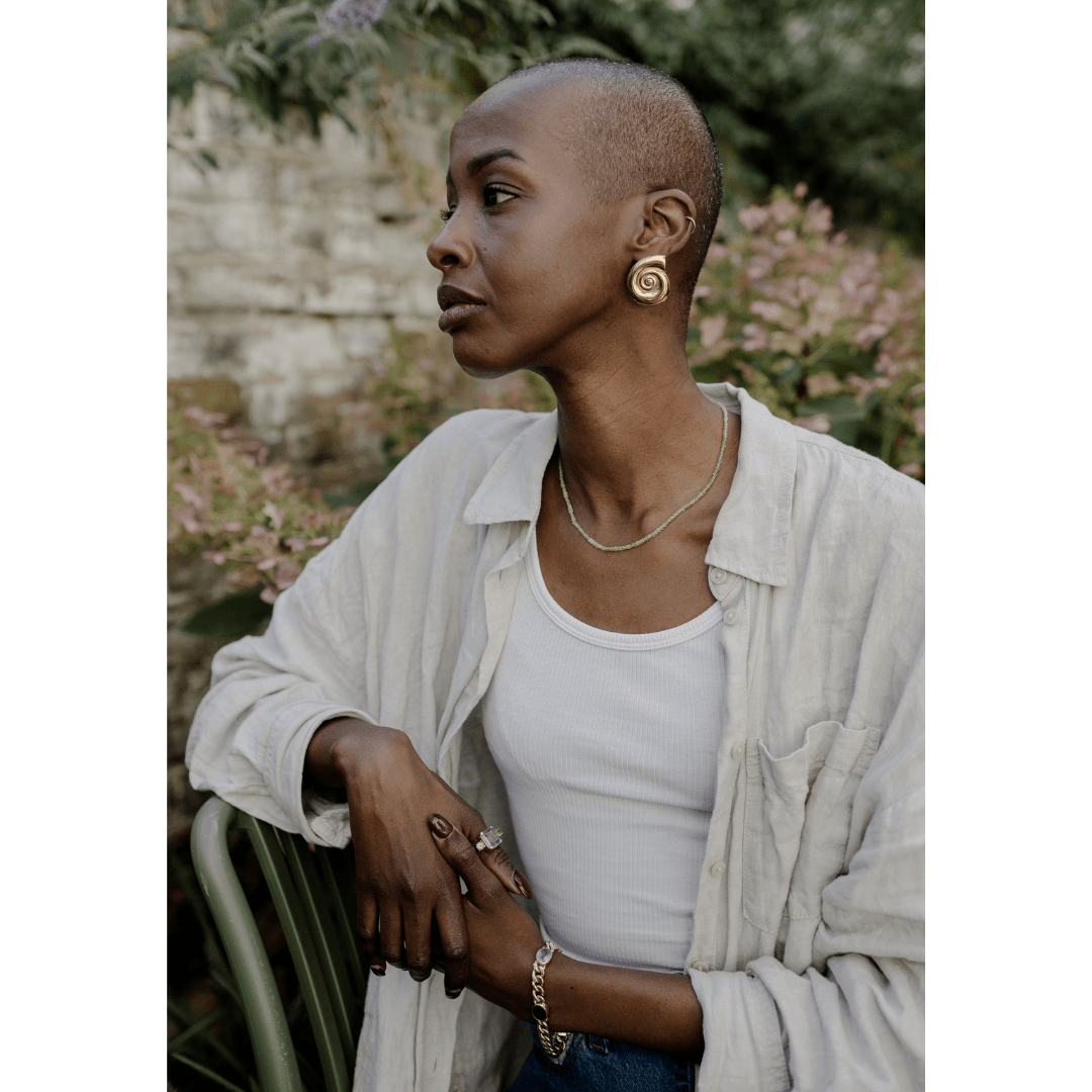 Woman wearing prehnite necklace