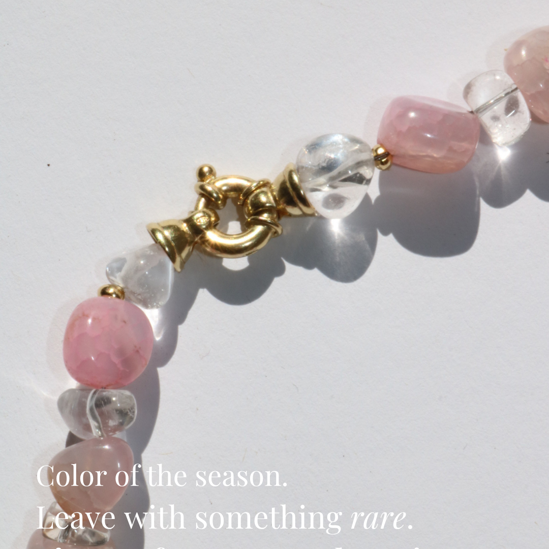 close up Rock crystal necklace  strawberry quartz